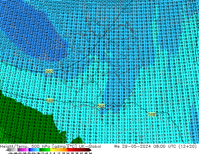 Height/Temp. 500 hPa UK-Global mer 29.05.2024 08 UTC