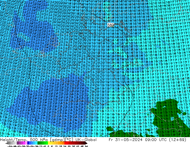 Height/Temp. 500 hPa UK-Global Fr 31.05.2024 09 UTC