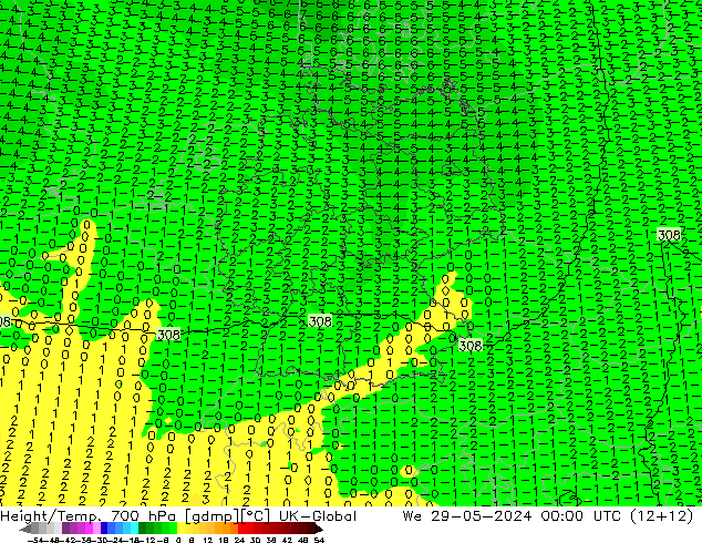 Height/Temp. 700 hPa UK-Global St 29.05.2024 00 UTC