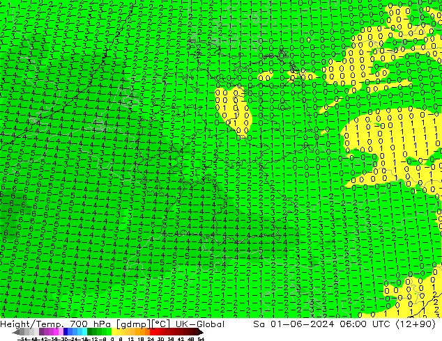 Hoogte/Temp. 700 hPa UK-Global za 01.06.2024 06 UTC