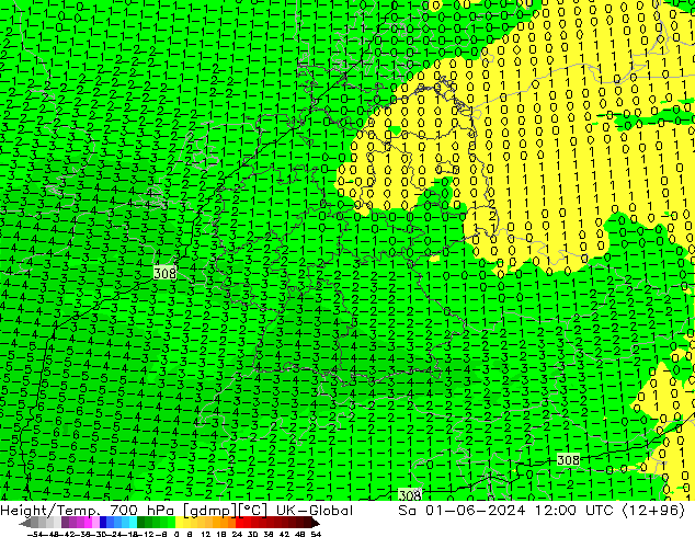 Géop./Temp. 700 hPa UK-Global sam 01.06.2024 12 UTC