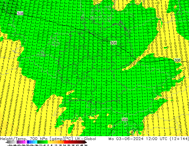 Hoogte/Temp. 700 hPa UK-Global ma 03.06.2024 12 UTC