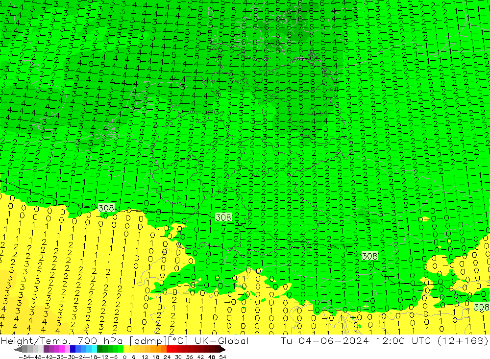 Height/Temp. 700 hPa UK-Global  04.06.2024 12 UTC