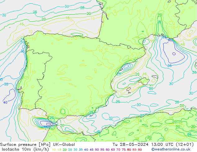 Isotachs (kph) UK-Global Út 28.05.2024 13 UTC