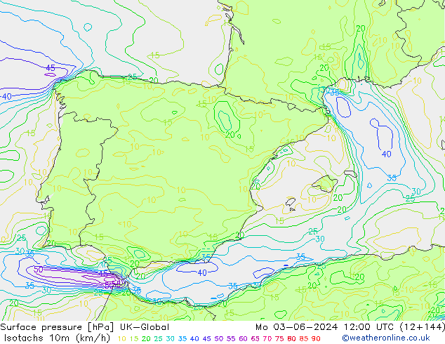 Eşrüzgar Hızları (km/sa) UK-Global Pzt 03.06.2024 12 UTC