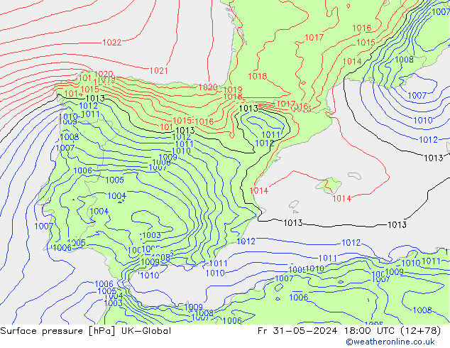 Surface pressure UK-Global Fr 31.05.2024 18 UTC