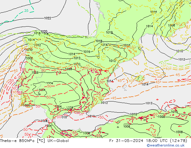 Theta-e 850hPa UK-Global vr 31.05.2024 18 UTC