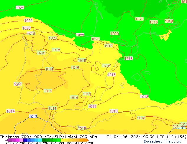 Thck 700-1000 hPa UK-Global Tu 04.06.2024 00 UTC