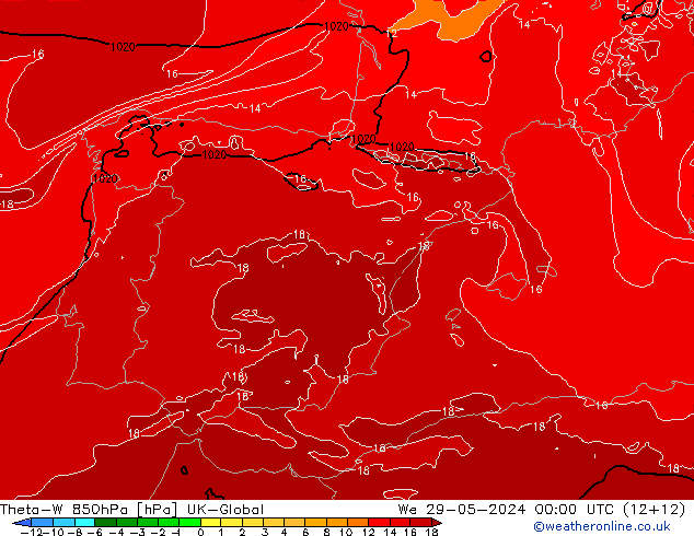 Theta-W 850hPa UK-Global Mi 29.05.2024 00 UTC