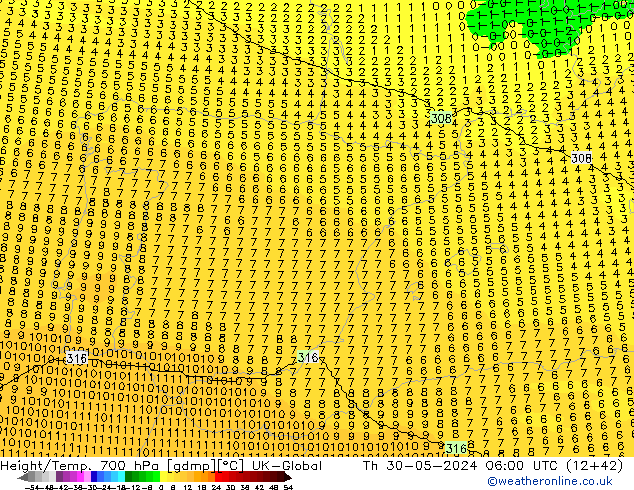 Height/Temp. 700 hPa UK-Global Čt 30.05.2024 06 UTC