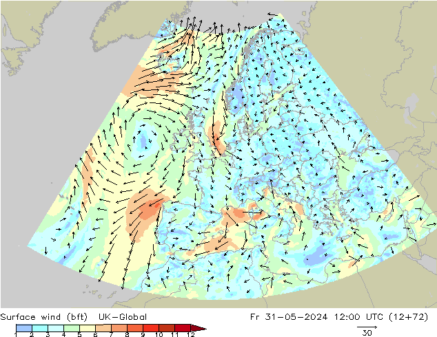 Wind 10 m (bft) UK-Global vr 31.05.2024 12 UTC