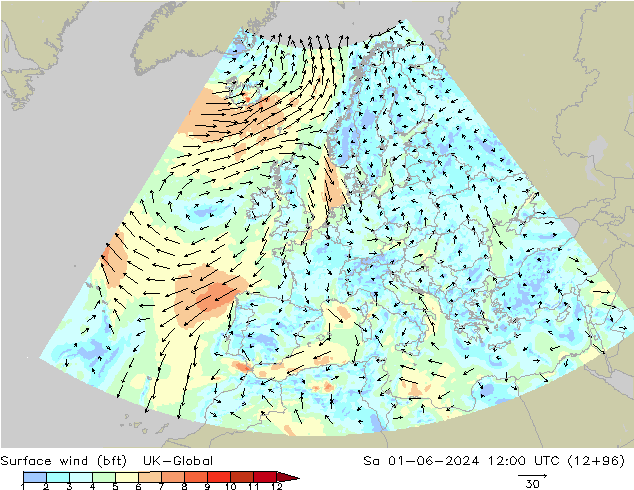 wiatr 10 m (bft) UK-Global so. 01.06.2024 12 UTC