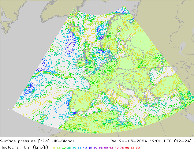 Isotachs (kph) UK-Global  29.05.2024 12 UTC