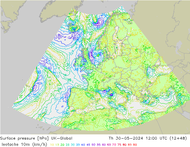 Isotachen (km/h) UK-Global Do 30.05.2024 12 UTC