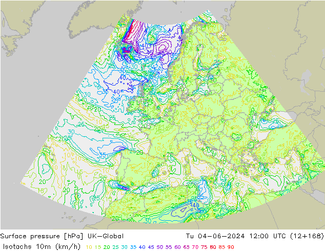 Isotachs (kph) UK-Global Tu 04.06.2024 12 UTC