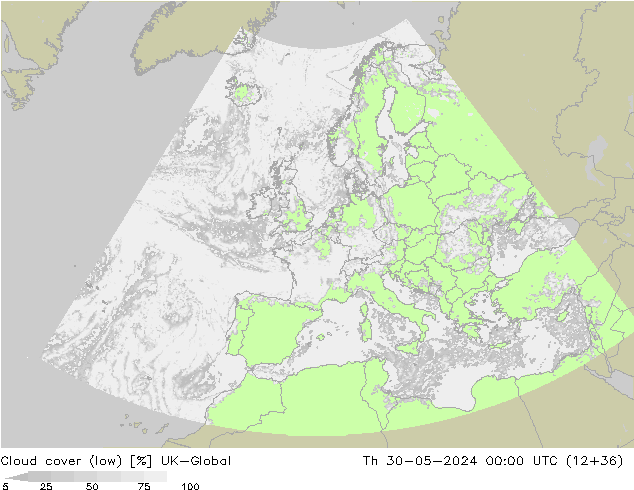 Cloud cover (low) UK-Global Th 30.05.2024 00 UTC