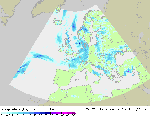 Precipitation (6h) UK-Global We 29.05.2024 18 UTC