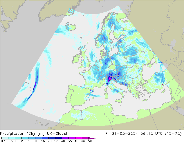 Precipitation (6h) UK-Global Fr 31.05.2024 12 UTC