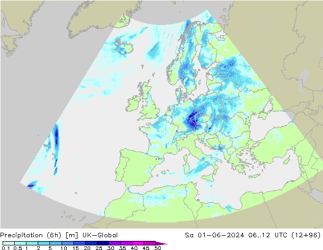 Precipitação (6h) UK-Global Sáb 01.06.2024 12 UTC