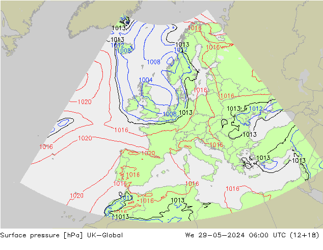 Surface pressure UK-Global We 29.05.2024 06 UTC