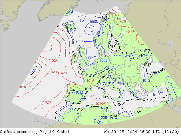 Surface pressure UK-Global We 29.05.2024 18 UTC