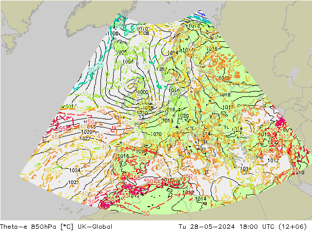 Theta-e 850hPa UK-Global 星期二 28.05.2024 18 UTC