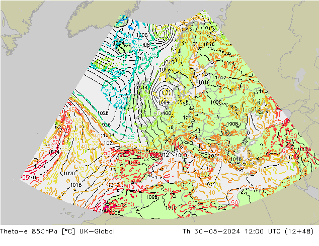 Theta-e 850hPa UK-Global Do 30.05.2024 12 UTC