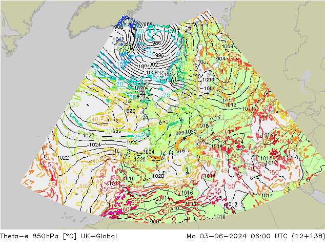 Theta-e 850hPa UK-Global ma 03.06.2024 06 UTC