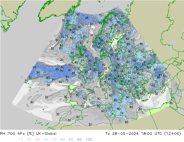 Humidité rel. 700 hPa UK-Global mar 28.05.2024 18 UTC