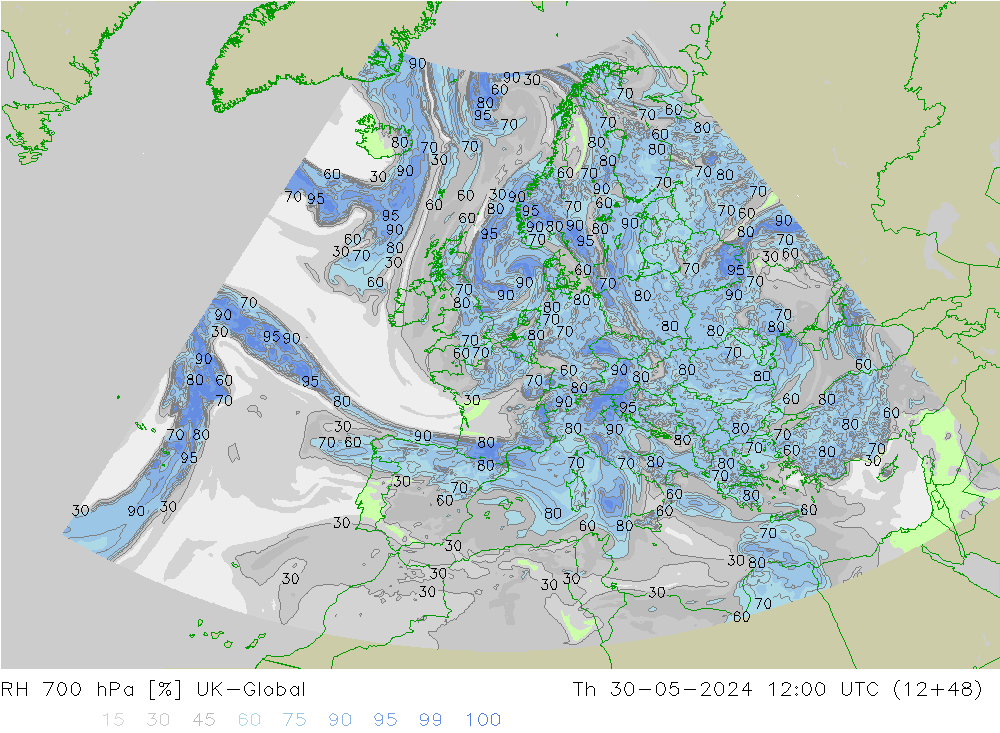 RH 700 гПа UK-Global чт 30.05.2024 12 UTC