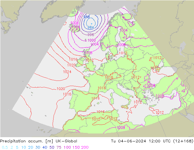 Precipitation accum. UK-Global Tu 04.06.2024 12 UTC