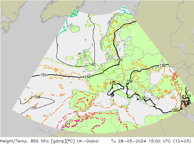 Height/Temp. 850 hPa UK-Global mar 28.05.2024 15 UTC