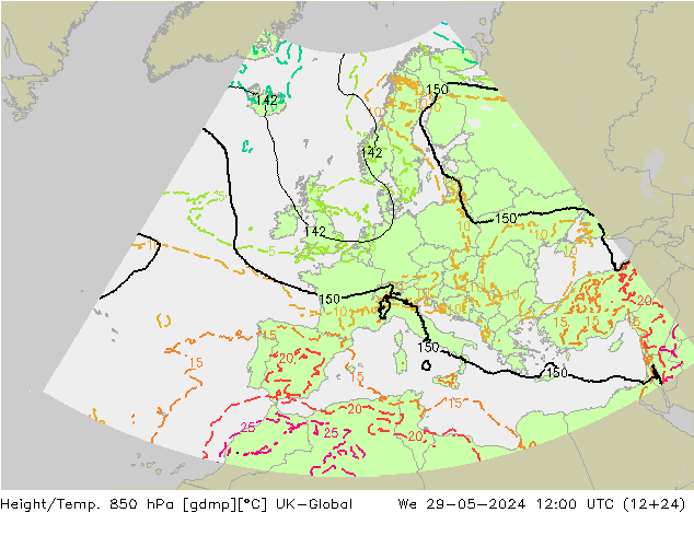 Height/Temp. 850 hPa UK-Global śro. 29.05.2024 12 UTC