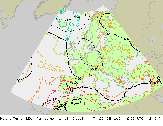 Geop./Temp. 850 hPa UK-Global jue 30.05.2024 15 UTC