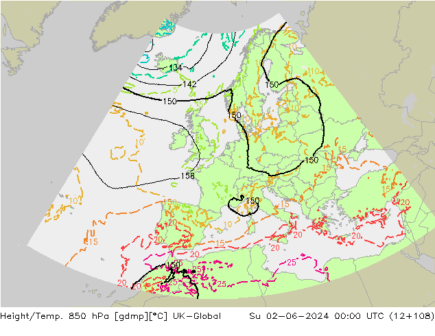 Géop./Temp. 850 hPa UK-Global dim 02.06.2024 00 UTC