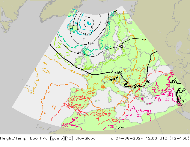 Height/Temp. 850 hPa UK-Global Tu 04.06.2024 12 UTC