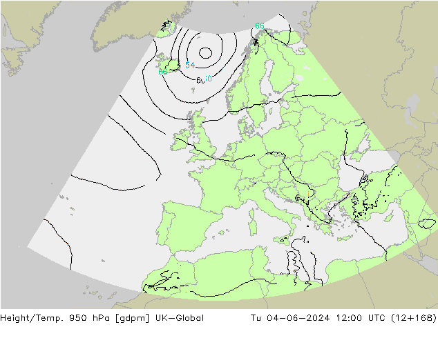 Height/Temp. 950 hPa UK-Global Tu 04.06.2024 12 UTC