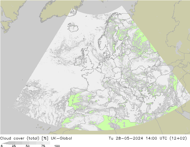 Cloud cover (total) UK-Global Tu 28.05.2024 14 UTC