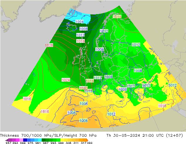 Thck 700-1000 hPa UK-Global Th 30.05.2024 21 UTC
