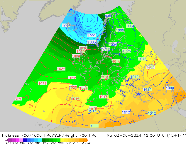 Thck 700-1000 гПа UK-Global пн 03.06.2024 12 UTC