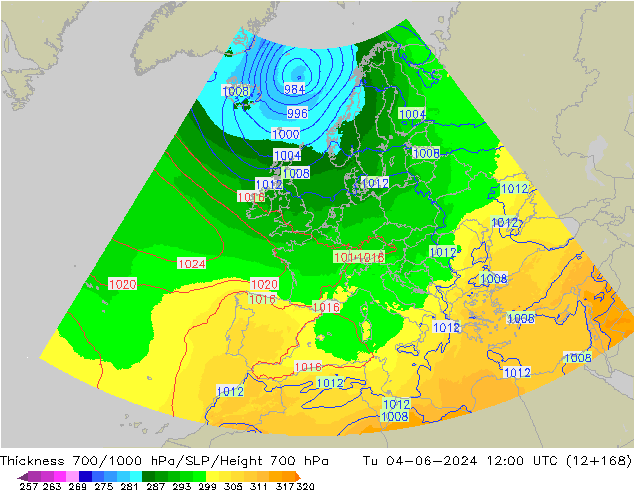 Thck 700-1000 hPa UK-Global  04.06.2024 12 UTC