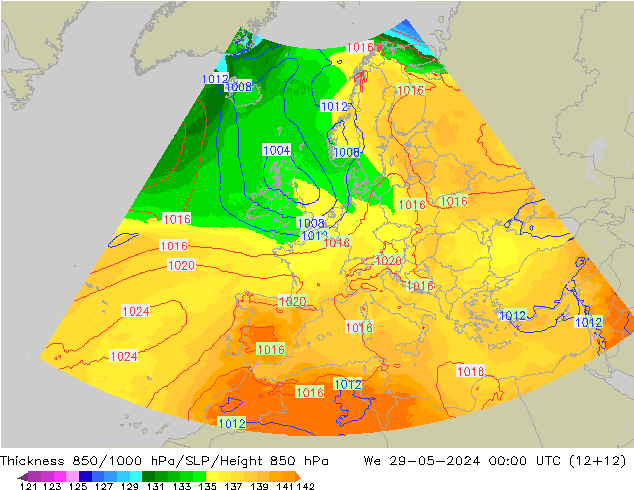 Schichtdicke 850-1000 hPa UK-Global Mi 29.05.2024 00 UTC