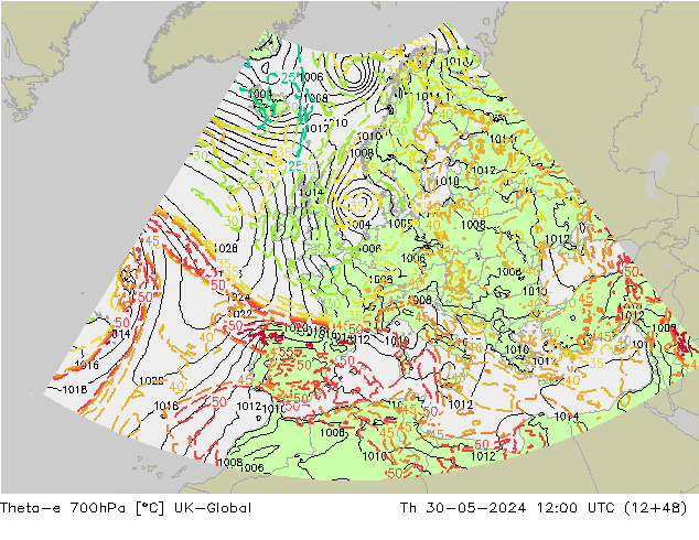 Theta-e 700гПа UK-Global чт 30.05.2024 12 UTC