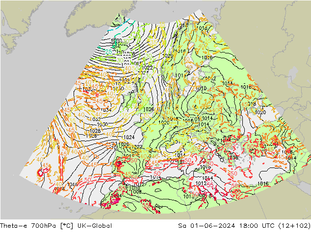 Theta-e 700hPa UK-Global Sa 01.06.2024 18 UTC