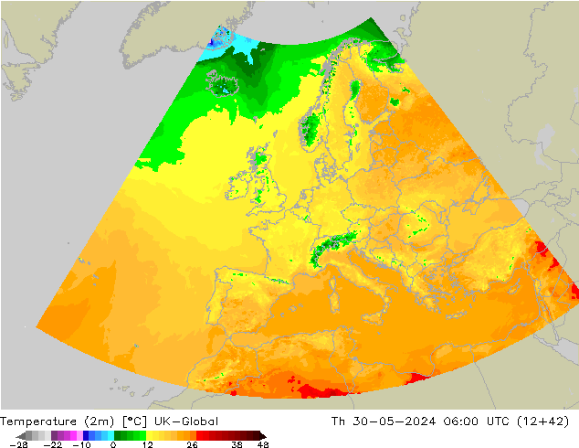 Temperatuurkaart (2m) UK-Global do 30.05.2024 06 UTC
