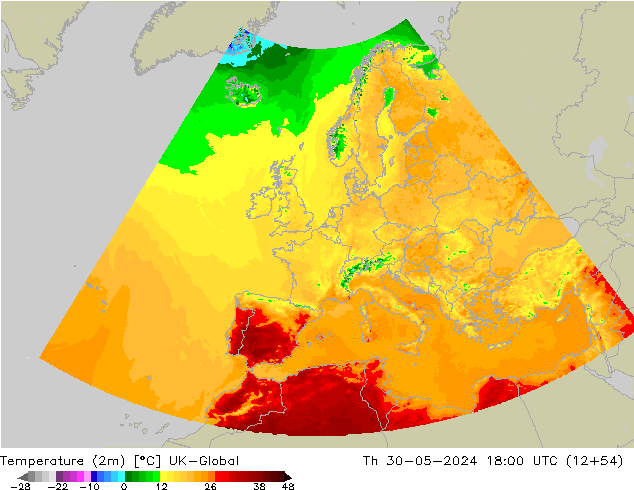 Temperature (2m) UK-Global Th 30.05.2024 18 UTC