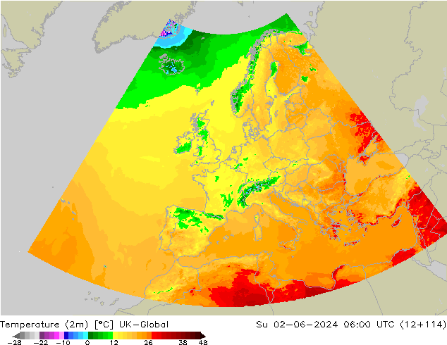 Temperatuurkaart (2m) UK-Global zo 02.06.2024 06 UTC