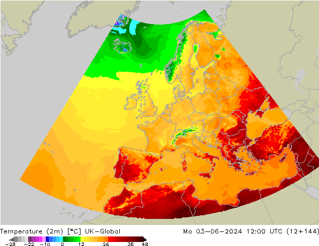 Temperature (2m) UK-Global Mo 03.06.2024 12 UTC