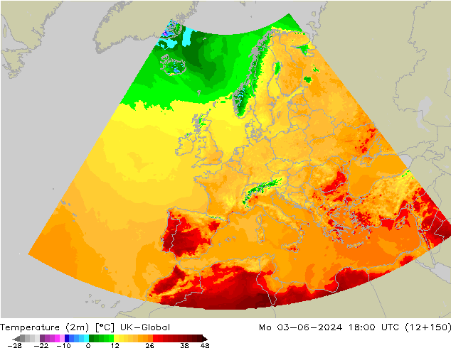 Sıcaklık Haritası (2m) UK-Global Pzt 03.06.2024 18 UTC