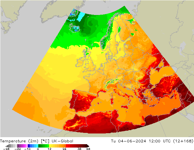 Temperature (2m) UK-Global Út 04.06.2024 12 UTC